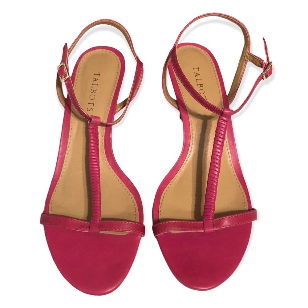 Talbots Womens 10 Pink Leather Strappy Heel Sandals Preppy Brazil T-Strap